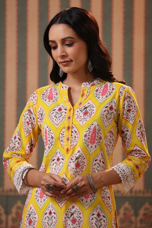 Women Yellow Ethnic Motifs Printed Cotton Straight Kurta